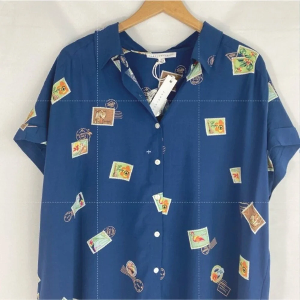 Jane + Delancey Tropical Flamingo Postage Stamp Shirt Women 3X Blue Resortwear - Picture 3 of 8